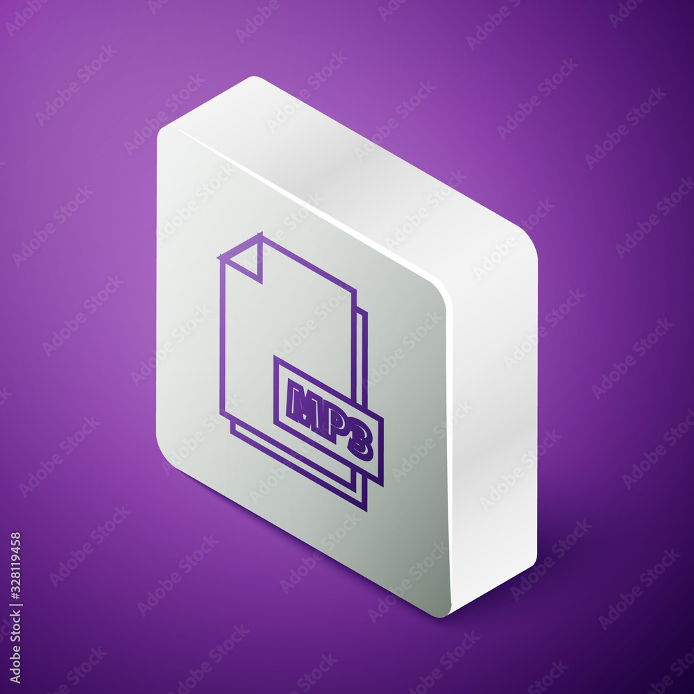 Isometric line MP3 file document. Download mp3 button icon isolated on purple background. Mp3 music 