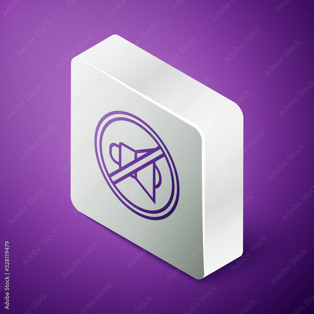 Isometric line Speaker mute icon isolated on purple background. No sound icon. Volume Off symbol. Si