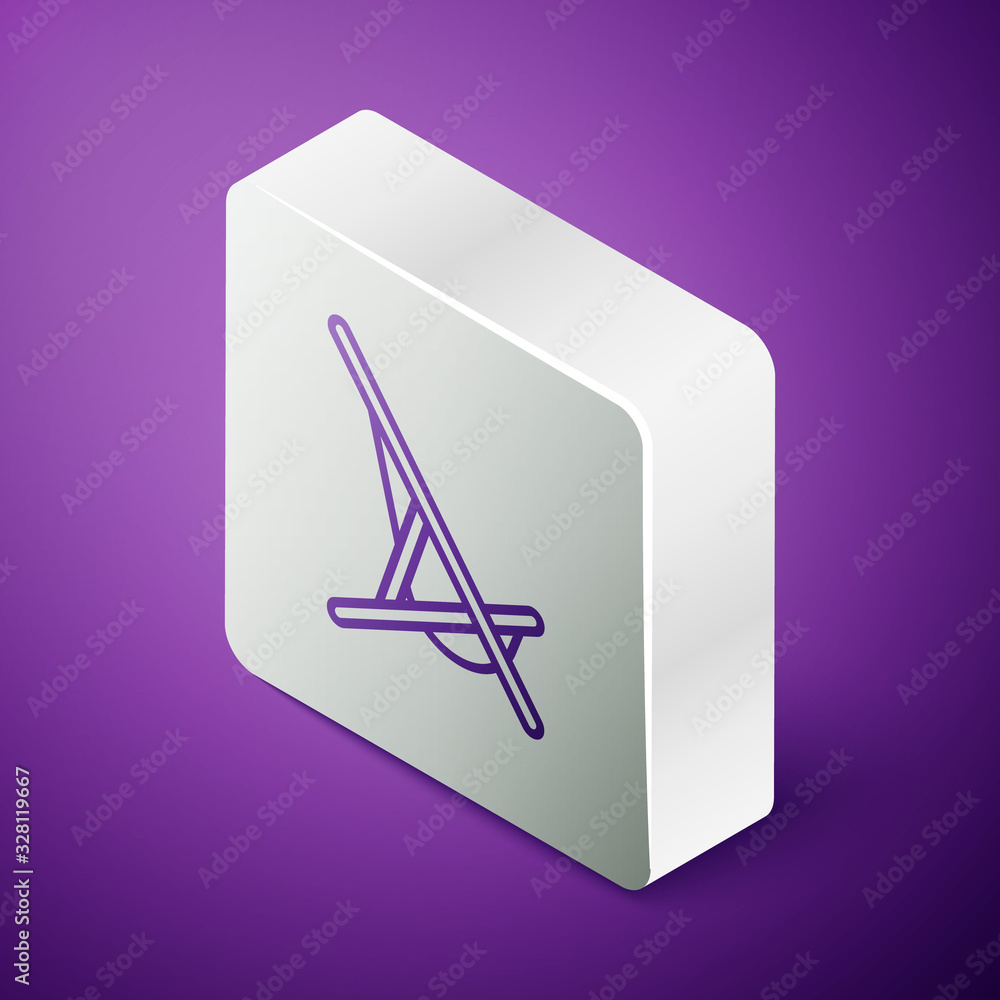 Isometric line Sunbed icon isolated on purple background. Silver square button. Vector Illustration