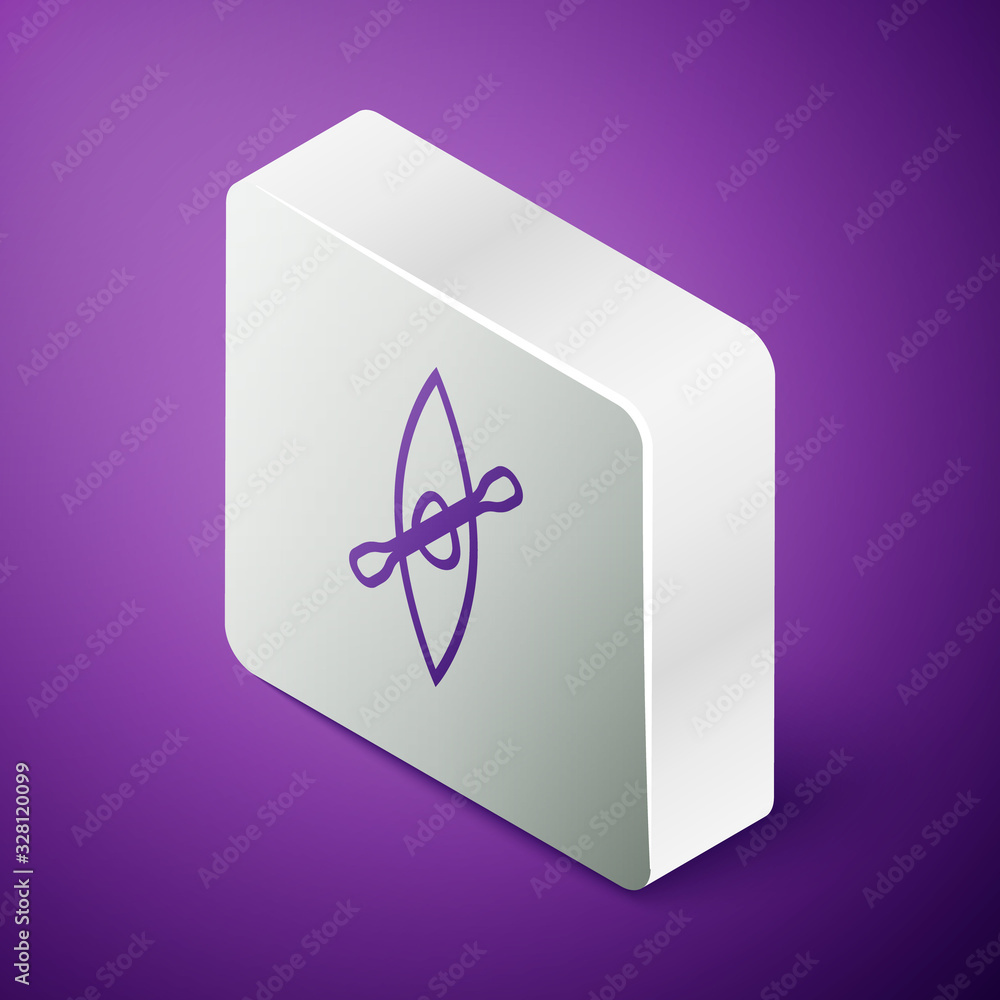 Isometric line Kayak and paddle icon isolated on purple background. Kayak and canoe for fishing and 