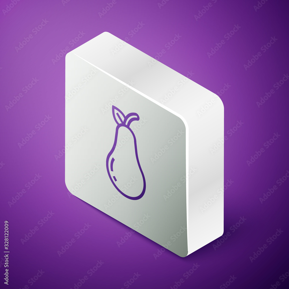 Isometric line Pear icon isolated on purple background. Fruit with leaf symbol. Silver square button