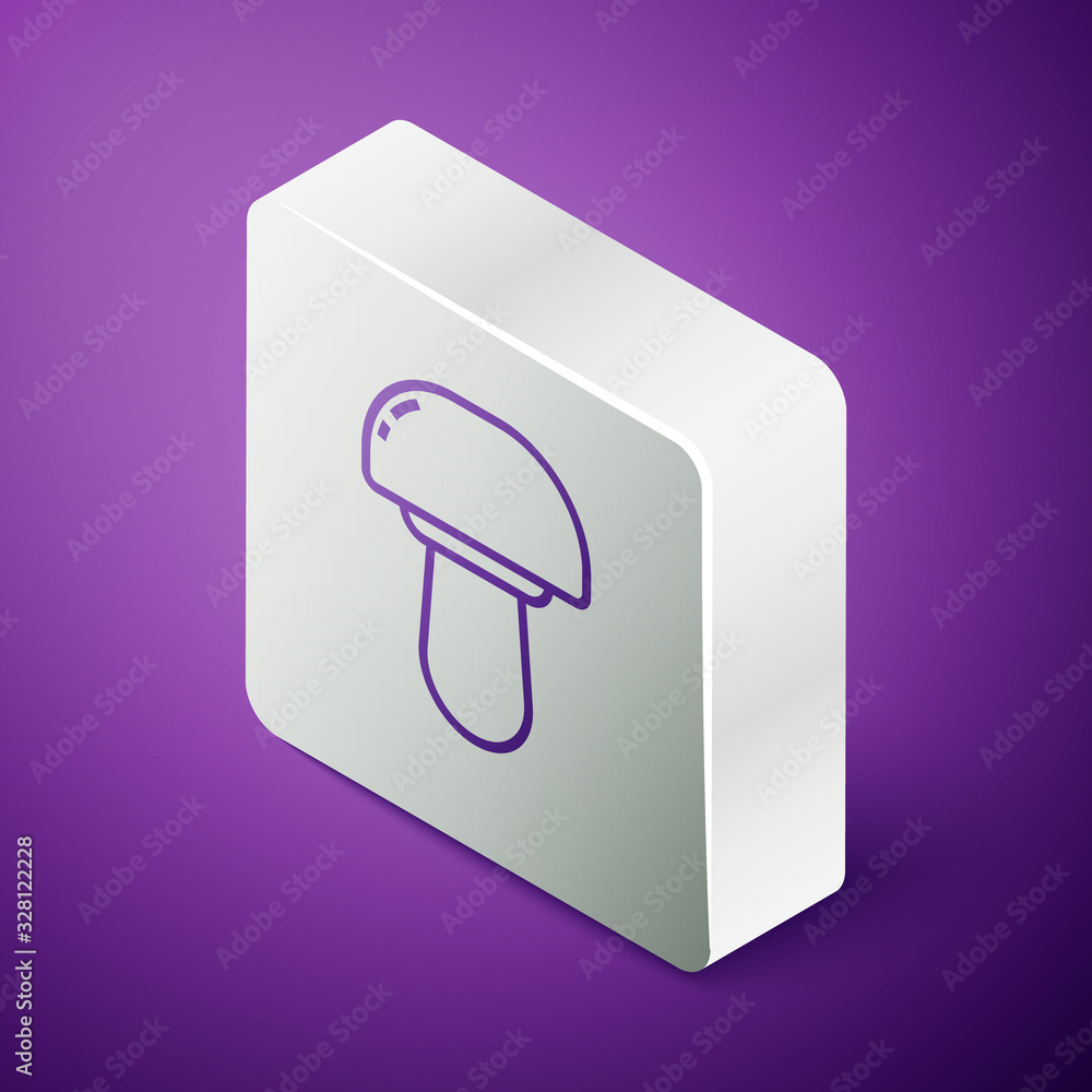 Isometric line Mushroom icon isolated on purple background. Silver square button. Vector Illustratio