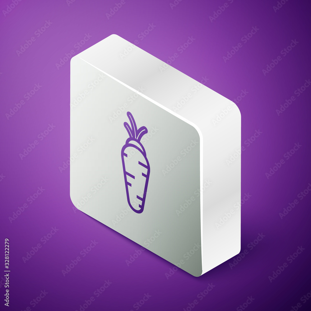 Isometric line Carrot icon isolated on purple background. Silver square button. Vector Illustration