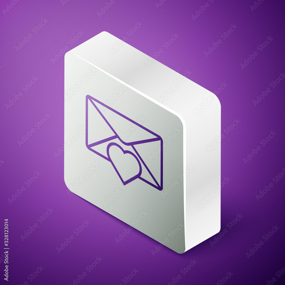 Isometric line Envelope with Valentine heart icon isolated on purple background. Message love. Lette