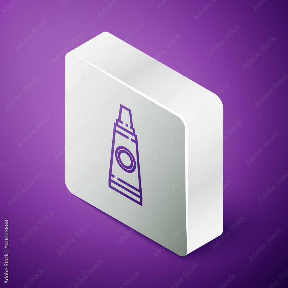 Isometric line Tube with paint palette icon isolated on purple background. Silver square button. Vec