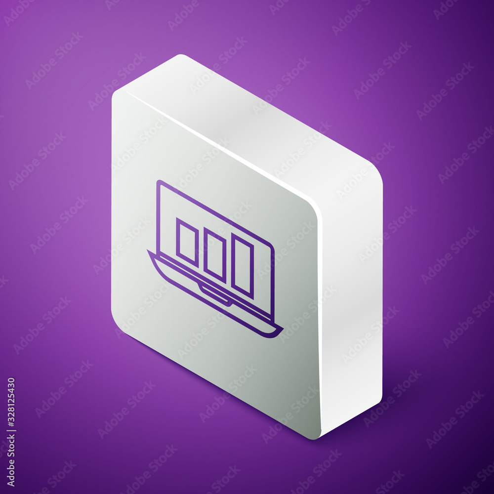 Isometric line Laptop with graph chart icon isolated on purple background. Report text file icon. Ac