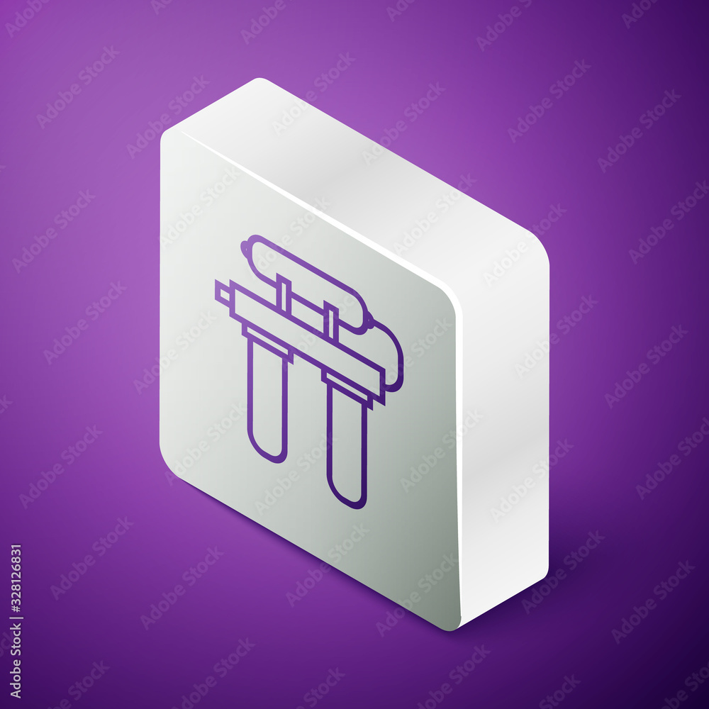 Isometric line Water filter icon isolated on purple background. System for filtration of water. Reve