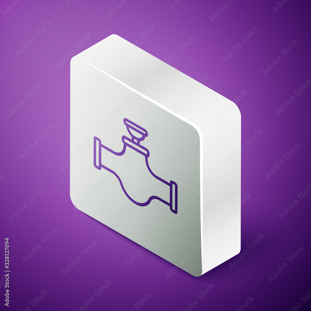 Isometric line Industry metallic pipe and valve icon isolated on purple background. Silver square bu