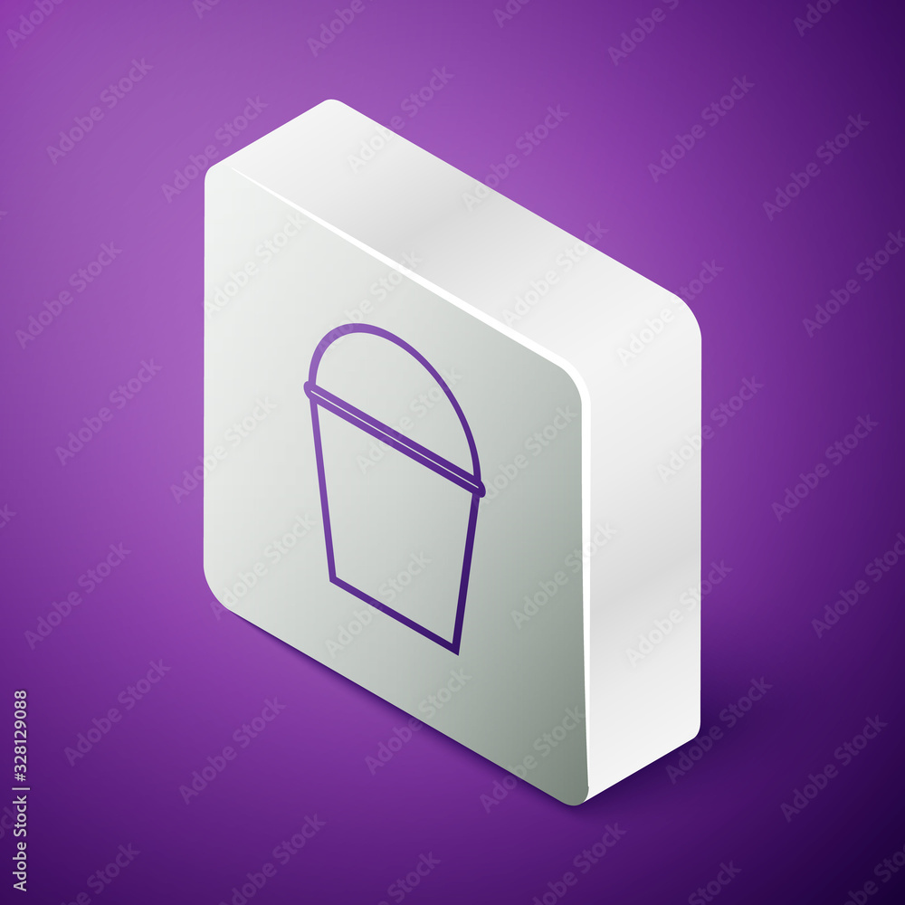 Isometric line Fire bucket icon isolated on purple background. Metal bucket empty or with water for 