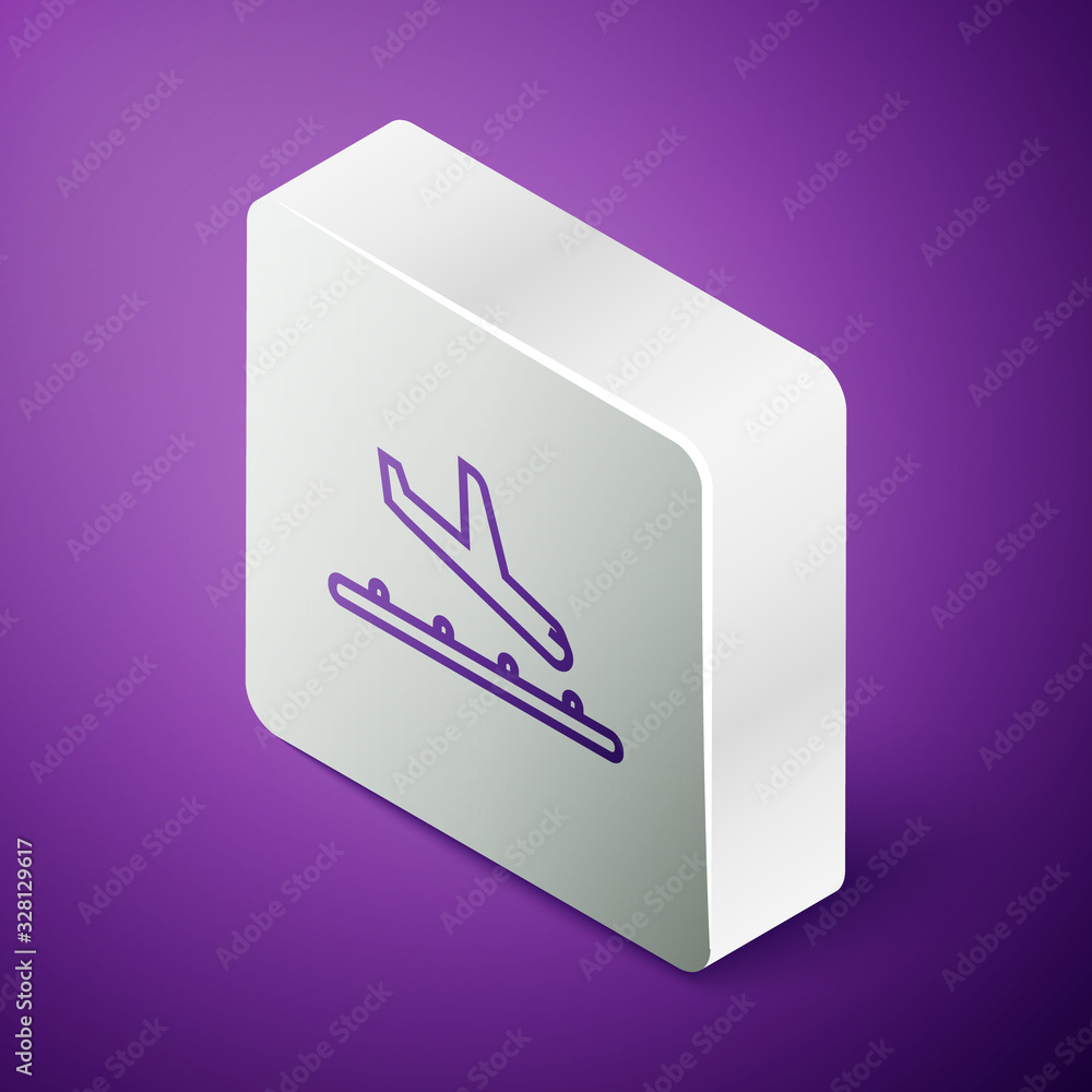 Isometric line Plane landing icon isolated on purple background. Airplane transport symbol. Silver s