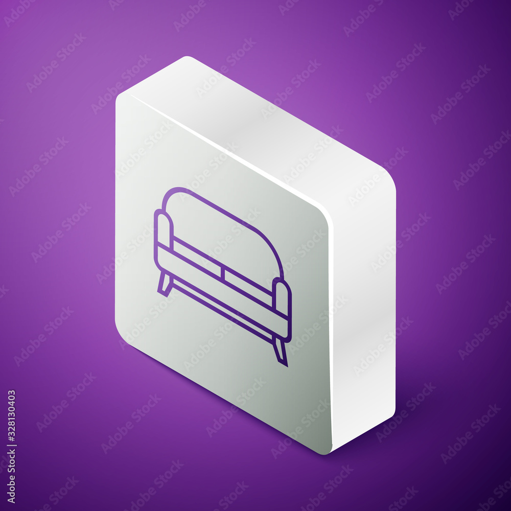 Isometric line Sofa icon isolated on purple background. Silver square button. Vector Illustration