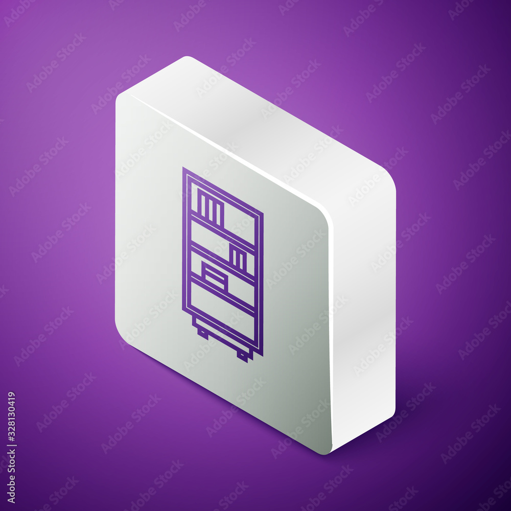 Isometric line Library bookshelf icon isolated on purple background. Silver square button. Vector Il