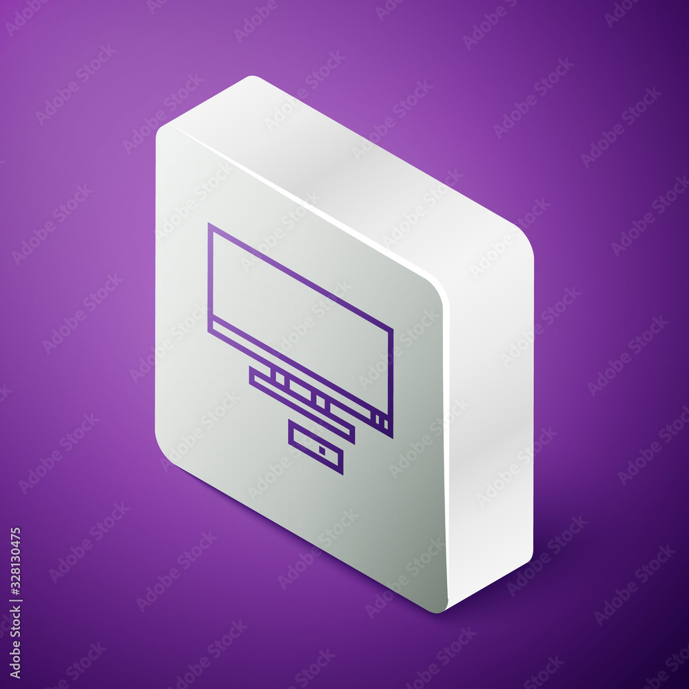 Isometric line Smart Tv icon isolated on purple background. Television sign. Silver square button. V