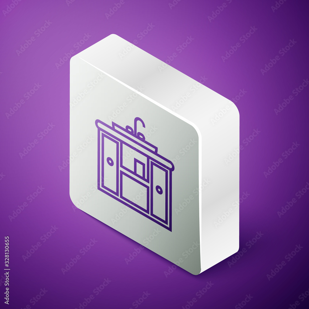 Isometric line Washbasin cabinet with water tap icon isolated on purple background. Silver square bu