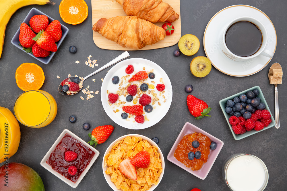 Breakfast Served in the morning with Butter croissant and corn flakes Whole grains and raisins with 