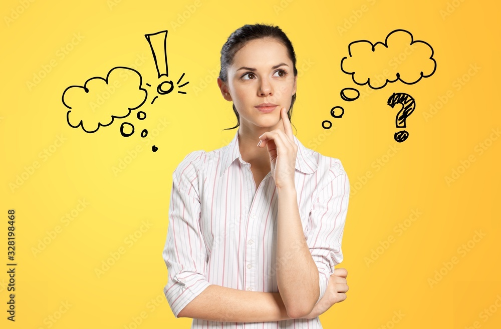 Thoughtful think young woman with question marks