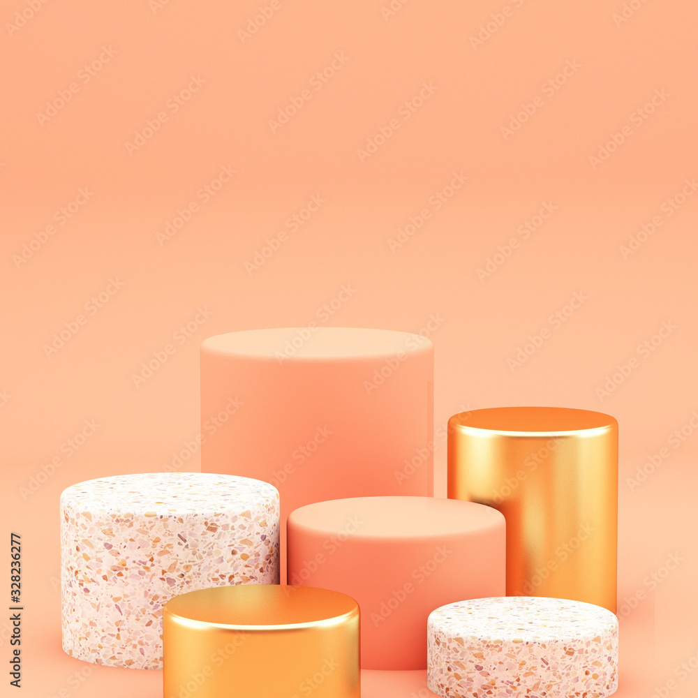 Geometric figures display on pink background,3d rendering ,3d illustration