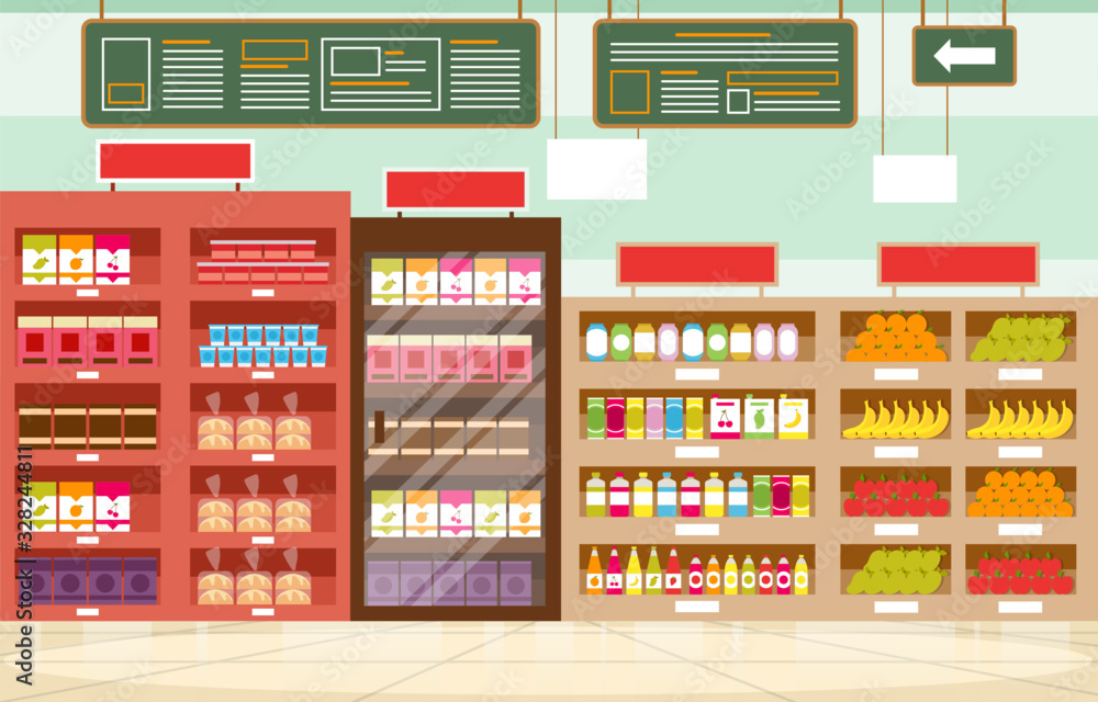 Supermarket Grocery Shelf Store Retail Shop Mall Interior Flat Illustration