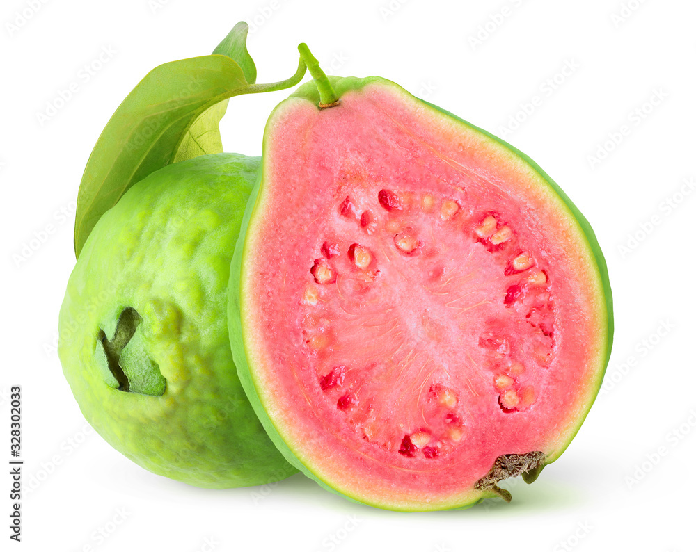 Isolated guavas. Cut guava tropical fruits with green skin and pink flesh isolated on white backgrou