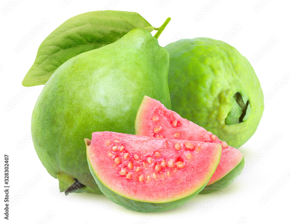 Isolated guava. Two green whole guava fruits and two slices with pink flesh isolated on white backgr