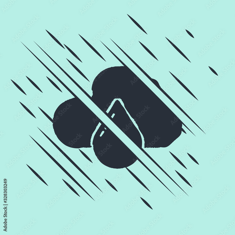 Black Cloud with rain icon isolated on green background. Rain cloud precipitation with rain drops. G