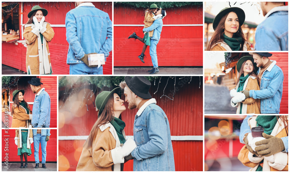 Collage of photos with happy young couple outdoors on winter day