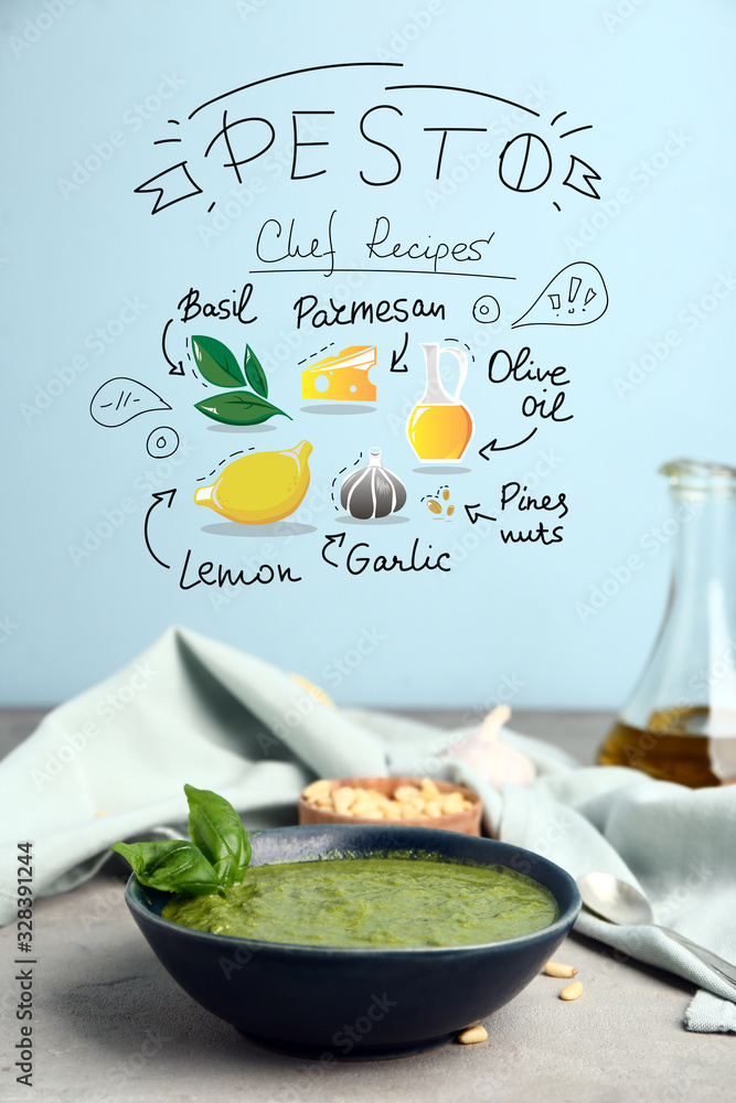 Bowl with pesto sauce and drawn ingredients