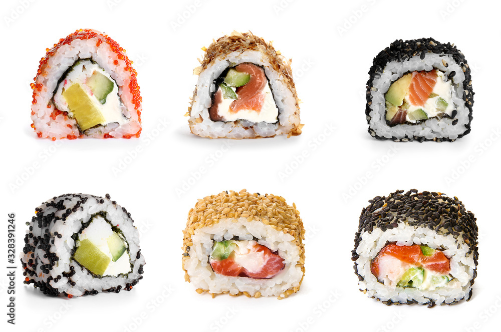 Set of tasty sushi rolls on white background