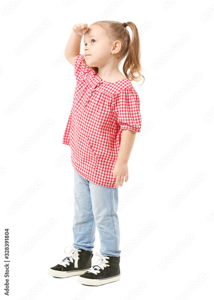 Cute little girl looking far away on white background