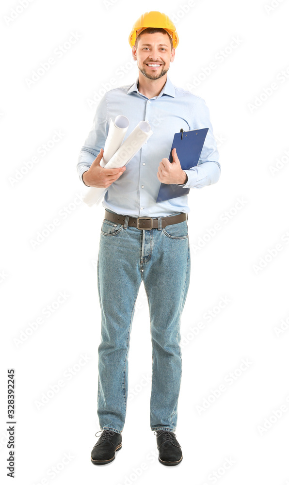 Male engineer with drawings on white background