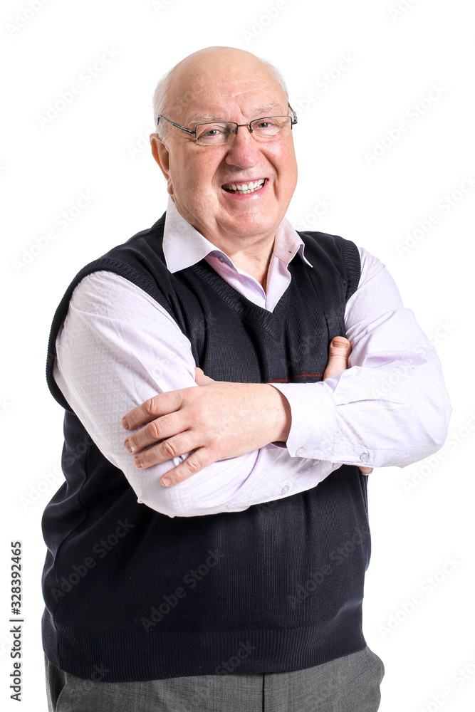 Portrait of elderly man on white background