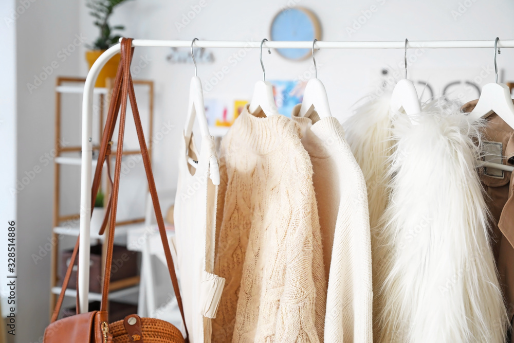 Rack with stylish female clothes in dressing room