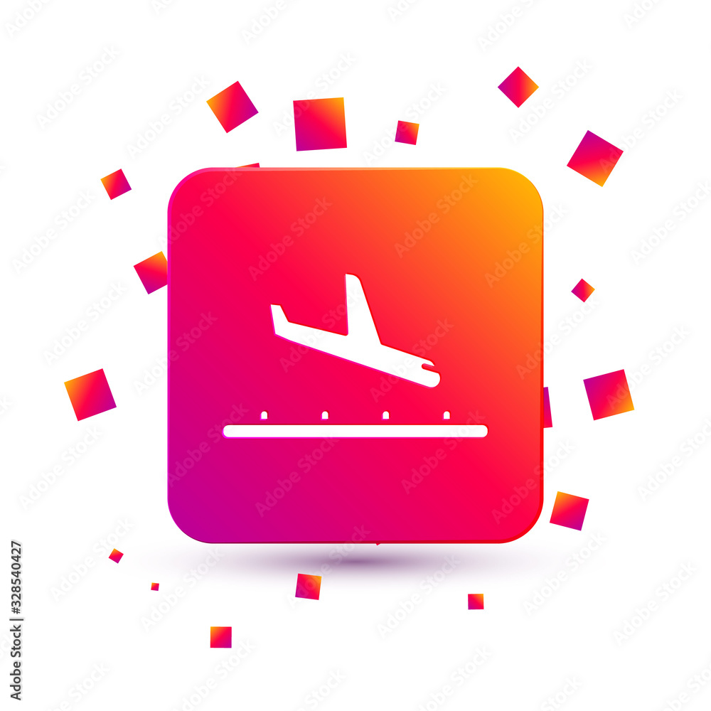 White Plane landing icon isolated on white background. Airplane transport symbol. Square color butto