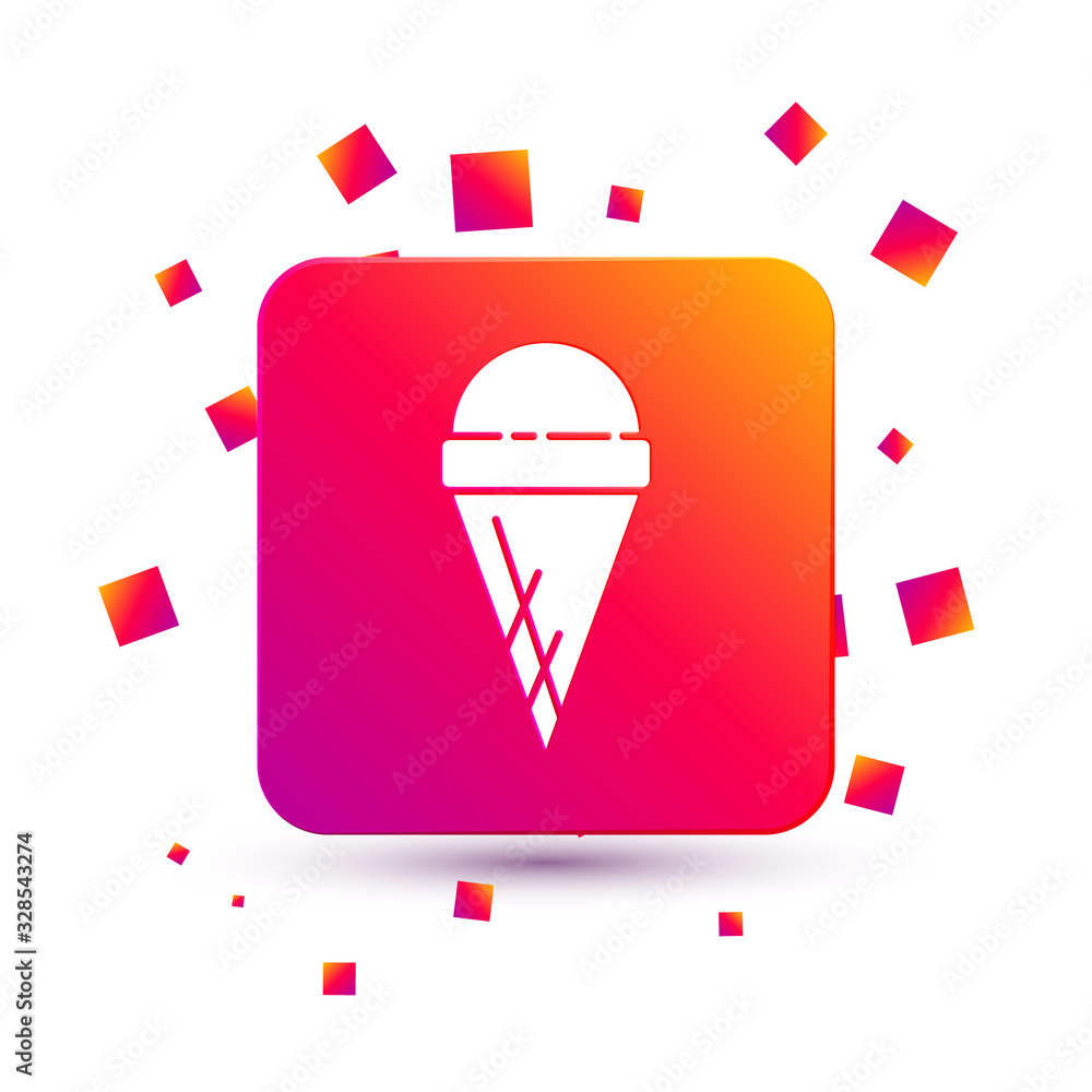 White Ice cream in waffle cone icon isolated on white background. Sweet symbol. Square color button.