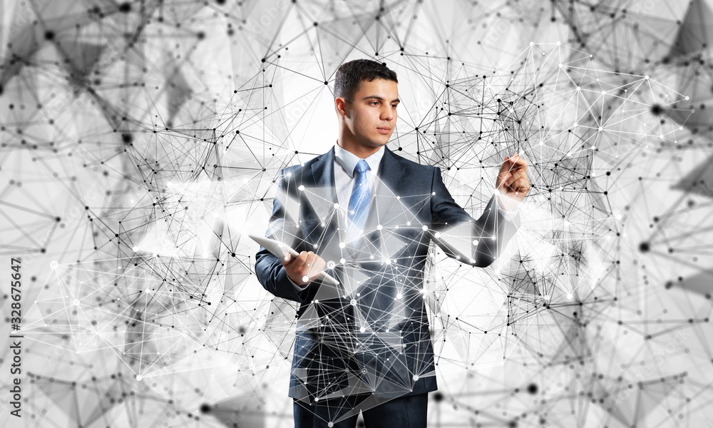 Businessman with documents pointing on network