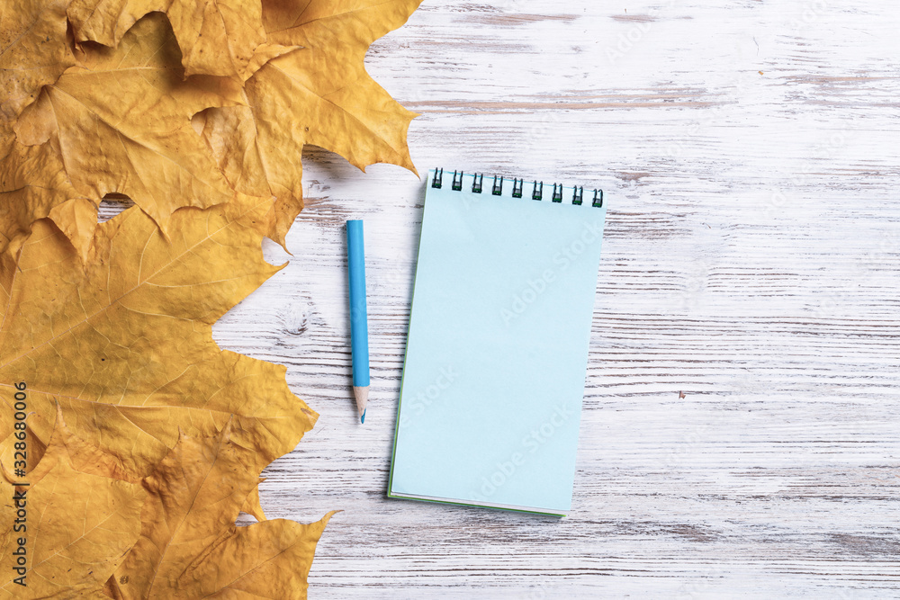 Spiral notepad and pen lies on vintage wooden desk