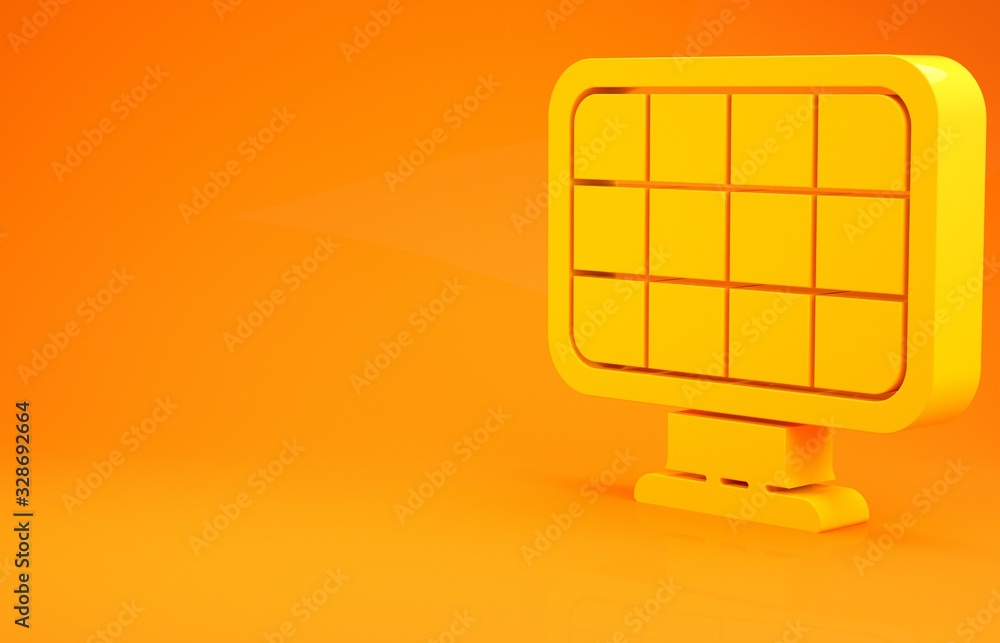 Yellow Solar energy panel icon isolated on orange background. Minimalism concept. 3d illustration 3D