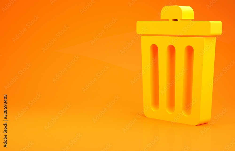 Yellow Trash can icon isolated on orange background. Garbage bin sign. Recycle basket icon. Office t