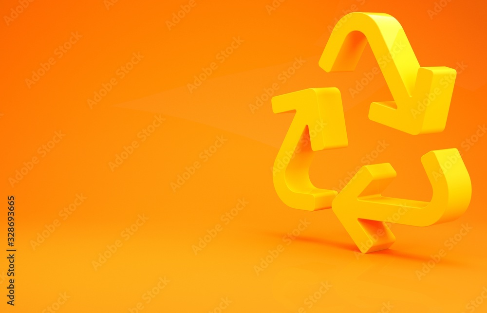 Yellow Recycle symbol icon isolated on orange background. Circular arrow icon. Environment recyclabl