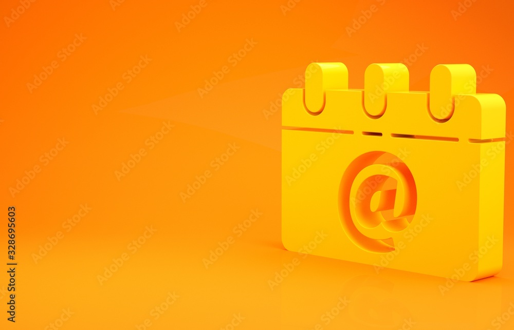 Yellow Calendar with email icon isolated on orange background. Envelope symbol e-mail. Email message