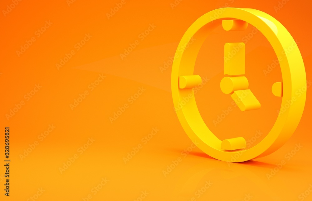 Yellow Clock icon isolated on orange background. Time symbol. Minimalism concept. 3d illustration 3D