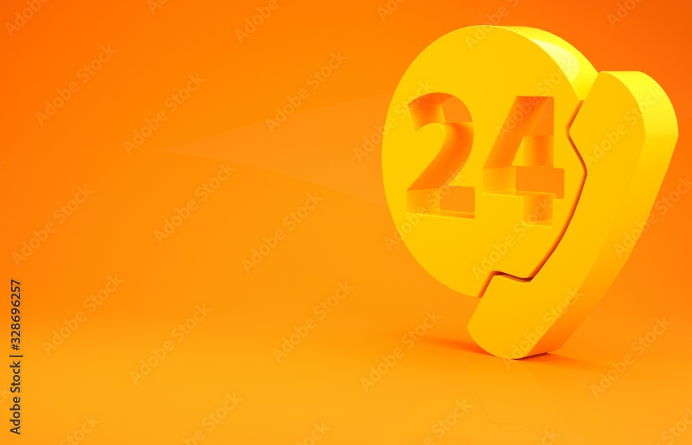 Yellow Telephone 24 hours support icon isolated on orange background. All-day customer support call-