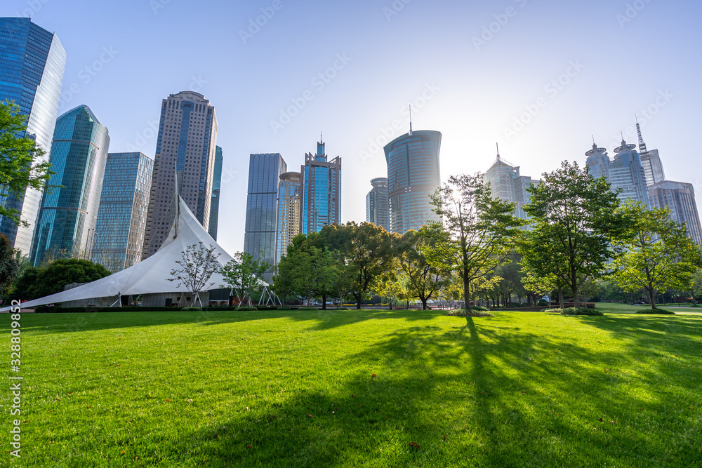 city skyline with park