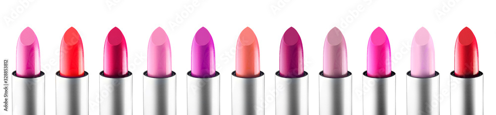 Lipstick colourful tints palette. Fashion Various colors Lipsticks isolated on white background, Pro