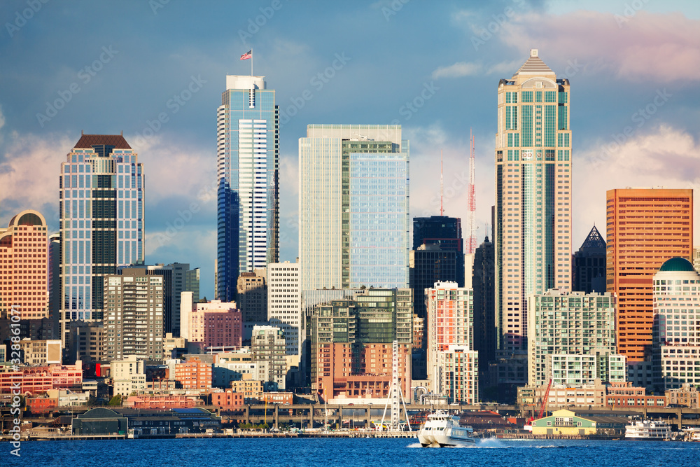 Seattle waterfront downtown view at evening sunset light on spring day, Washington, USA