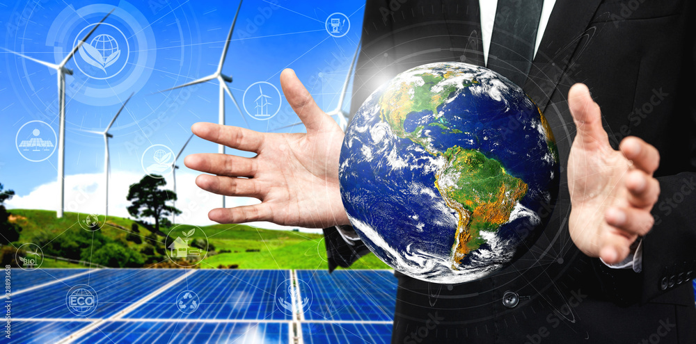 Concept of sustainability development by alternative energy. Man hand take care of planet earth with