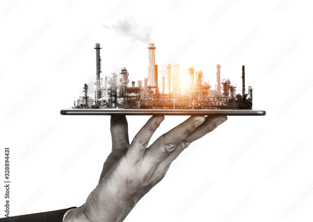 Future factory plant and energy industry concept in creative graphic design. Oil, gas and petrochemi