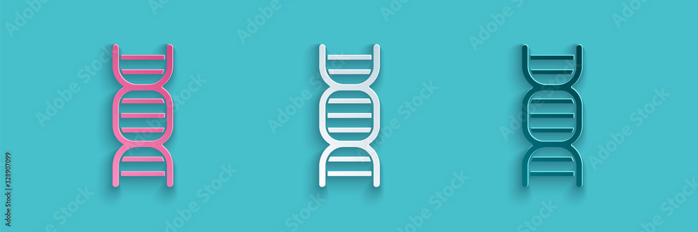 蓝色背景上分离的剪纸DNA符号图标。纸质艺术风格。矢量插图
