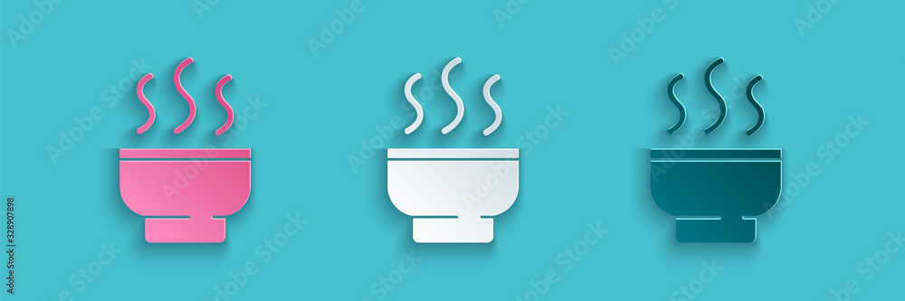 Paper cut Traditional Chinese tea ceremony icon isolated on blue background. Teapot with cup. Paper 