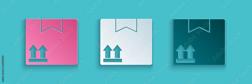 Paper cut Cardboard box with traffic symbol icon isolated on blue background. Box, package, parcel. 